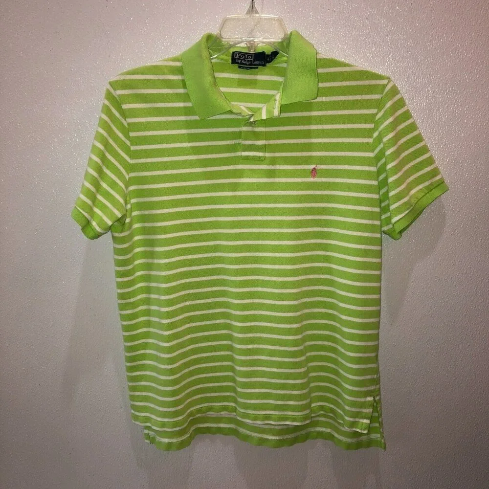 Polo Ralph Lauren Mens XL Green White Striped Knit Custom Fit Shirt